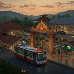 A bustling modern transportation hub in Kerala style architecture with red-tiled sloping roofs and traditional wooden elements, seamlessly blending with sleek glass and steel structures. In the foreground, a state-of-the-art electric bus in Kerala State Transport colors (red and yellow) with gold accents arrives at a modernistic platform. The scene features multiple levels connected by elegant curved walkways adorned with traditional Kerala-style brass lamps. Digital displays in cool blue glow showcase arrival times. The background shows lush green Western Ghats mountains under a warm sunset sky with scattered monsoon clouds. Small groups of people in modern Indian attire move about the terminal. Traditional Malayalam-style ornate pillars support a grand entrance arch decorated with intricate Theyyam-inspired patterns in gold and deep red. Solar panels on the roof gleam in the evening light. The scene is rendered in a cinematic style with dramatic lighting, emphasizing the contrast between traditional Kerala architecture and modern sustainable technology. The color palette focuses on deep greens, warm terra cotta, burnished gold, and sleek silver, with ethereal lighting effects.