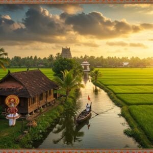 A serene aerial view of Panoor's lush landscape during golden hour, featuring emerald green paddy fields intersected by meandering backwaters. In the foreground, a traditional Kerala-style wooden house with sloped terracotta-tiled roof and intricate wooden carvings stands amid coconut palms. A small wooden vallam (traditional boat) glides through a narrow canal, steered by a local fisherman in a white mundu. The scene includes vibrant elements of Kerala culture: a Theyyam performer in full traditional costume and makeup performing near the house, colorful umbrellas from local artisans, and fresh spice plantations. The sky features dramatic monsoon clouds with warm sunlight filtering through. In the middle ground, a traditional Kerala-style temple with gold-plated flagpost reflects in the still waters. The composition incorporates Madhubani-style decorative patterns in the borders, with peacock motifs and traditional Kerala mural art elements. The lighting is ethereal with golden hues dominating the scene, creating a mystical atmosphere. The art style combines photorealistic elements with stylized Indian art patterns, emphasizing the rich cultural heritage of Kerala.