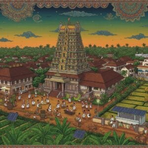 A vibrant aerial view of Panoor town at golden hour, showcasing traditional Kerala architecture blending with modern buildings, rendered in rich Madhubani-inspired art style. The scene features a bustling town square with detailed miniature figures of locals in traditional Malayalam attire engaging in various activities. A large, ornate Malayalam-style temple stands prominently, its golden gopuram gleaming. The composition includes intricate patterns of banana plantations and paddy fields in geometric designs, reminiscent of Pattachitra art. Modern elements like solar panels and eco-friendly buildings are integrated seamlessly. The sky features stylized clouds in peacock blue and gold, with delicate mandala patterns. The overall scene is framed by decorative borders featuring Kerala motifs like elephants and coconut trees. The lighting creates a warm, welcoming atmosphere with soft glows and deep shadows, while maintaining the distinctive South Indian coastal aesthetic. The art style combines photorealistic details with magical surrealism, enhanced by a color palette of deep greens, terracotta reds, and golden yellows.