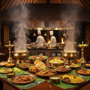 A bustling traditional Kerala-style thatched roof restaurant interior with warm golden ambient lighting, featuring a grand banana leaf spread on polished wooden tables. In the center, an array of authentic Malabar dishes displayed on traditional brass and bronze vessels - including Thalassery biryani, pearl spot fish curry, and pathiri. Steam rises artistically from the dishes, lit by soft spotlights. Modern geometric mandala patterns in gold and deep blue adorn the walls, while intricate Malayali motifs are carved into wooden pillars. Three Indian chefs in crisp white uniforms with gold accents work in an open kitchen, creating a theatrical cooking display with dancing flames and aromatic spices floating in the air. The foreground shows contemporary plating with traditional elements - banana leaf designs on modern ceramic plates. The scene combines both traditional warmth and modern sophistication, with rich colors of turmeric yellow, deep greens, burnished copper, and warm browns dominating the palette. Soft bokeh effects in the background suggest a busy, thriving restaurant atmosphere.