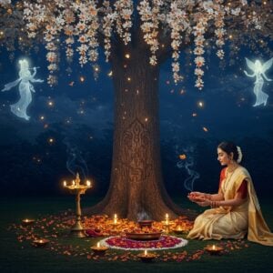 A mystical nighttime garden scene featuring a luminous Parijat tree in full bloom, with its distinctive white flowers with orange centers cascading down like stars against a deep indigo sky. The tree trunk has intricate Madhubani-style patterns carved into its bark. In the foreground, a serene Indian woman in a cream-colored silk saree with golden border performs a ritual, her hands gracefully arranging fresh Parijat flowers in a traditional brass pooja thali. Around her, several brass diyas cast a warm, golden glow, creating dramatic shadows. The ground is carpeted with fallen Parijat flowers forming natural rangoli patterns. Floating above are ethereal manifestations of Lord Krishna and Celestial Apsaras, rendered in translucent, glowing forms, symbolizing the divine origin of the tree. The scene includes delicate swirls of incense smoke intertwining with the falling flowers. The art style combines traditional Pattachitra elements with modern digital art techniques, featuring rich jewel tones of deep blue, saffron, and gold, with an overall dreamy, supernatural quality enhanced by subtle light effects and soft bokeh elements.