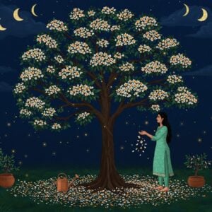 A mystical nighttime garden scene featuring a majestic Parijat tree (Nyctanthes arbor-tristis) in full bloom, its delicate white and orange-centered flowers glowing ethereally against a deep indigo sky. The tree stands 8-10 feet tall with spreading branches, surrounded by fallen flowers creating a white carpet below. A young Indian woman in a contemporary mint green kurta tends to the tree, her hands cupped to catch falling blossoms. Moonlight filters through the branches, creating dappled patterns on the ground. Small fireflies dot the scene, adding magical sparkles. In the background, traditional Madhubani-style patterns in gold and silver depict phases of the moon and stars. The scene includes subtle gardening elements like a copper watering can and terracotta pots with young Parijat saplings. The art style combines hyperrealistic botanical details with ethereal lighting and traditional Indian art elements. Soft gradient lighting emphasizes the nocturnal beauty, with the flowers appearing to emit a subtle phosphorescent glow. The overall mood is serene and magical, with attention to botanical accuracy in the leaf and flower details.