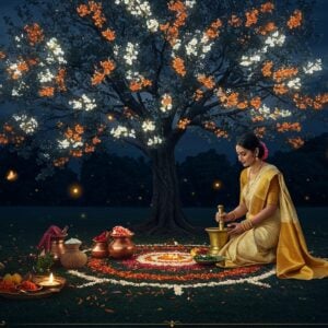 A serene night garden scene featuring a luminous Parijat tree in full bloom, with delicate white and orange flowers glowing ethereally against a deep indigo sky. In the foreground, a beautiful Indian woman in a flowing cream-colored silk saree with gold border performs traditional Ayurvedic preparation, grinding Parijat flowers and leaves in a bronze mortar and pestle. Around her are arranged traditional copper vessels containing herbal preparations. Soft moonlight filters through the Parijat branches, creating a mystical atmosphere with scattered flower petals on the ground forming a natural mandala pattern. The scene includes subtle Madhubani-style border elements with intricate botanical motifs in gold and saffron. Floating orbs of warm light illuminate the space, while several butterflies and fireflies add magical elements. A traditional bronze lamp with multiple wicks casts a warm glow, creating dramatic shadows. The overall composition combines photorealistic details with ethereal lighting and traditional Indian art elements, emphasizing the medicinal and spiritual significance of the Parijat tree, hyperrealistic digital art style with mystical elements.