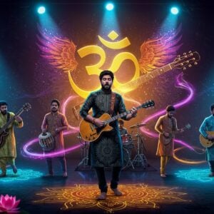 A dynamic scene featuring five Indian musicians performing on stage, bathed in ethereal neon blue and saffron spotlights. The lead guitarist in center wearing a black kurta with intricate golden mandala patterns, his guitar decorated with traditional Indian motifs. Surrounding musicians blend modern rock instruments with classical Indian elements - tabla merging into drums, electric guitar adorned with peacock feathers. The backdrop shows a massive golden Om symbol transforming into electric guitar strings, with spiraling Madhubani-style patterns in deep purple and electric blue. Swirling energy trails in vibrant colors flow from their instruments, forming the shape of a soaring phoenix. The stage floor features intricate rangoli patterns glowing with otherworldly energy. Floating lotus flowers emit soft light around the band, while traditional Indian musical instruments like sitar and tabla appear as translucent spiritual forms in the background. The scene captures both raw rock energy and spiritual Indian aesthetics, rendered in a modern digital art style with dramatic lighting and surreal elements.