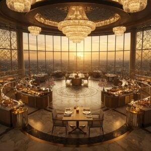 A luxurious modern Indian fine dining setting photographed from above at golden hour, featuring a circular glass-walled restaurant suspended in mid-air with panoramic city views of Delhi. The restaurant interior showcases elegant marble flooring with intricate mandala patterns in gold inlay, contemporary tables dressed in cream silk tablecloths, and sleek brass-accented furniture. Crystal chandeliers cast warm golden light across the space. Multiple serving stations display modern interpretations of Indian cuisine on copper and brass serveware. The scene captures both traditional and contemporary elements - bronze thalis with modern plating, floating lotus-shaped light fixtures, and geometric Jaali patterns on glass partitions. The interior seamlessly blends with the exterior view through floor-to-ceiling windows showing a stunning sunset over Delhi's skyline with iconic monuments visible in the distance. The lighting creates a magical atmosphere with soft amber glow reflecting off the glass walls. Hyperrealistic digital art style with cinematic lighting, sharp details, and rich colors focusing on golds, deep blues, and warm browns. 8k resolution, photorealistic rendering, architectural visualization