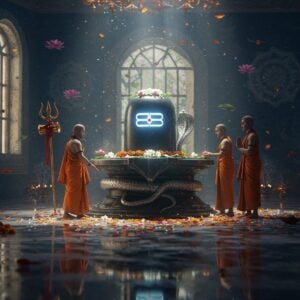 A serene, ethereal scene of a magnificently detailed black stone Shivling on an ornate silver pedestal, emanating a subtle blue-white divine glow. The Shivling is adorned with fresh white flowers, bilva leaves, and a silver snake coiled at its base. Three devotees in traditional Indian attire performing clockwise parikrama around it, their forms creating a graceful circular motion trail with flowing fabric. Crystal-clear water from a copper vessel gently flows over the Shivling, creating mesmerizing light reflections. The background features intricate Madhubani-style mandalas in deep indigo and gold, with floating lotus flowers and delicate smoke wisps from burning incense. Soft rays of morning light filter through an ancient temple window, creating dramatic light beams. The scene is set in a mystical space with floating diyas and scattered marigold petals on a polished marble floor reflecting the entire scene. The overall composition combines photorealistic texturing with ethereal Indian artistic elements, rendered in a modern digital art style with rich depths and atmospheric lighting.