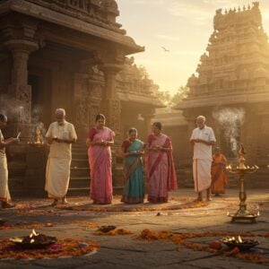 A serene Indian temple courtyard during sunrise, with golden rays illuminating a group of three generations of devotees performing Parikrama around a beautifully carved stone temple. The temple architecture features intricate Dravidian-style gopuram with detailed mandala patterns and lotus motifs. The devotees, dressed in traditional Indian attire (silk sarees in soft pastels and cream-colored dhotis), walk barefoot on a path lined with lit brass diyas and scattered marigold flowers. Ethereal streams of incense smoke create mystical swirls in the morning light. The scene is captured from a slightly elevated angle, showing the circular path of Parikrama with a gentle motion blur effect. The foreground features traditional rangoli patterns, while the background shows other devotees holding practical oil lamps. The lighting is warm and divine, with soft lens flares and golden hour glow. Art style combines hyperrealistic digital painting with traditional Madhubani patterns in the architectural details. The overall mood is deeply spiritual and peaceful, with attention to authentic Hindu temple elements and customs.