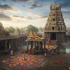 A majestic aerial view of Parimala Ranganatha Perumal Temple in traditional Dravidian architecture style, with its towering golden gopuram adorned with intricate sculptures. Lord Ranganatha reclining on Adisesha with 4 hands - upper right holding chakra, upper left holding conch, lower right in abhaya mudra, lower left resting along his body, with Goddess Lakshmi seated at his feet. The temple complex features a serene water tank with lotus flowers, surrounded by ancient stone pillared mandapas with detailed carvings. Soft morning sun rays filtering through clouds creating divine light beams. Multiple devotees in traditional attire walking through the temple courtyard. In the foreground, beautifully detailed rangoli patterns made with flowers. Art style combining hyperrealistic digital rendering with traditional South Indian temple art elements, rich colors of deep blues, burnished gold, and earthy reds. Ethereal atmospheric lighting with gentle fog and incense smoke adding mystical quality. Sacred Tulsi plants and temple bells visible in periphery.