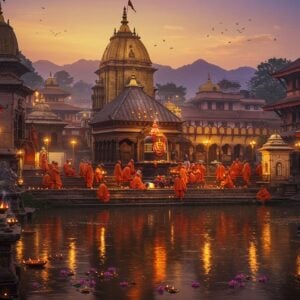 A majestic view of Pashupatinath Temple at golden hour, featuring intricate Nepalese pagoda-style architecture with gold-plated roofs gleaming in sunset light. The sacred Bagmati River flows serenely in the foreground, reflecting the temple's image, with floating lotus flowers and diyas. Lord Shiva's massive lingam adorned with flowers and vermillion is visible through the temple's main entrance. Holy sadhus in saffron robes meditate on the temple steps, their faces illuminated by glowing oil lamps. Wisps of fragrant incense smoke create ethereal patterns in the air. The scene is framed by ancient stone sculptures of Nandi bulls and intricate mandala patterns. The background shows the Himalayan mountains bathed in mystical purple twilight. Art style combines hyperrealistic architectural details with ethereal lighting and traditional Pattachitra-inspired decorative elements. The color palette features deep maroons, burnished golds, saffron oranges, and spiritual blues. The atmosphere captures both divinity and serenity with soft glowing auras around sacred elements.