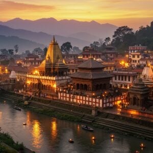 A serene aerial view of Pashupatinath Temple complex at golden hour, with its distinctive pagoda-style architecture featuring gold-plated roofs gleaming in sunset light. The sacred Bagmati River flows peacefully below with small diyas floating on its surface. In the foreground, a modern luxury hotel with traditional Nepalese architectural elements merges seamlessly with ancient dharamshalas. The scene is dotted with blooming prayer flags and warm lantern lights. Multiple accommodation options visible in varying styles - from boutique hotels to traditional guest houses, all nestled in the lush green hills. The background shows the majestic Himalayas in soft purple hues. The artwork style combines hyperrealistic architectural details with ethereal lighting and mystical elements like soft glowing halos around the temple spires. Rich colors of deep maroon, saffron, and gold dominate the scene, with intricate Nepalese patterns and mandalas subtly woven into the architectural details. The overall composition creates a perfect blend of luxury, spirituality, and traditional elements in a cinematic wide-angle view.