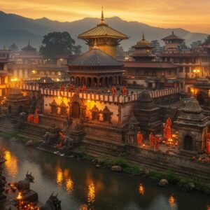 A majestic aerial view of Pashupatinath Temple complex during golden hour, featuring its distinctive pagoda-style architecture with intricate gold-plated roof tiers and silver doorways. The main temple stands prominently with its characteristic two-tiered golden roof, ornate wooden carvings, and four cardinal direction silver doors. Sacred bulls carved in stone guard the entrance. The temple is reflected in the sacred Bagmati River flowing beside it, creating a mirror effect. Surrounding the main shrine are smaller temples with traditional Nepali architecture, stone sculptures, and carved wooden struts. The scene is enhanced with burning ceremonial lamps, floating marigolds in the river, and saffron-clad sadhus performing evening rituals. Soft mystical fog surrounds the temple base, while the background shows the Himalayan mountains at sunset. The artwork style combines hyperrealistic architectural details with ethereal lighting and Madhubani-inspired decorative patterns on the temple walls. The color palette features deep maroons, burnished gold, silver, and warm orange tones, with intricate Sanskrit symbols and geometric patterns adorning the temple structure.