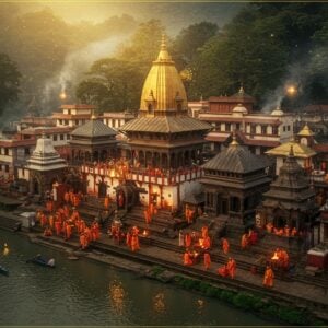 A magnificent aerial view of the Pashupatinath Temple Complex at golden hour, with the sacred Bagmati River flowing beneath, rendered in intricate Pattachitra-inspired digital art style. The main pagoda-style temple with its gilded roof and ornate Nepalese architecture stands prominently in the center, surrounded by smaller shrines and structures. Soft rays of sunlight illuminate the golden spires while saffron-clad sadhus perform evening aarti on the ghats with glowing diyas floating on the river. Sacred bulls roam freely on the stone pathways. The scene features detailed mandalas and traditional Hindu motifs etched in the architecture, with swirling smoke from ritual fires creating ethereal patterns in the air. Rich colors of deep maroon, burnished gold, and peacock blue dominate the palette, while modern lighting techniques create a dramatic interplay of light and shadow. The surrounding forest and hills are depicted in a mystical style with hints of spiritual energy represented through subtle golden auras. The entire composition combines photorealistic architectural details with surreal spiritual elements, creating a harmonious blend of ancient sanctity and contemporary artistic vision.