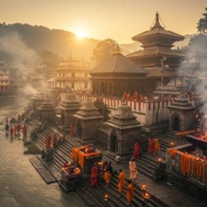 A majestic aerial view of Pashupatinath Temple during sunrise, with golden sunrays illuminating its pagoda-style architecture and silver-plated doors. The temple complex sits alongside the sacred Bagmati River, with ethereal mist rising from the water. In the foreground, a group of devotees in traditional attire (men in white dhoti-kurta and women in red/saffron sarees) walk through the ancient stone pathways towards the temple. The scene features intricate Nepalese architectural details with golden accents, prayer bells, and carved wooden beams. Several Nandi statues guard the temple premises. Smoke from ritual fires creates a mystical atmosphere, while marigold garlands and lotus flowers add vibrant orange and pink hues. The surrounding hills are visible in the background with a soft, misty quality. The lighting is warm and divine, with subtle lens flares. The art style combines photorealistic architecture with ethereal lighting and traditional Hindu artistic elements, creating a serene and spiritual atmosphere. Multiple small oil lamps illuminate the temple steps, creating a golden glow.