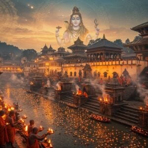 A majestic aerial view of Pashupatinath Temple complex at golden hour, with its distinctive pagoda-style architecture featuring intricate gold-plated roofs and carved wooden details. The sacred Bagmati River flows beneath, illuminated with hundreds of floating diyas creating patterns of light on the water. In the foreground, holy Sadhus with ash-covered bodies and traditional saffron robes perform evening aarti with brass lamps. Smoke from ritual fires creates ethereal swirls in the air, merging with glowing mandalas floating in the sky. The scene is framed by ancient stone steps and ghats with detailed Madhubani-style patterns carved into them. Lord Shiva appears as a subtle, translucent figure above the temple in his Pashupatinath form, four-faced, wearing a golden crown, holding a trishul in his right hand and damaru in his left, seated on Nandi. The artwork combines photorealistic architecture with mystical elements, rendered in rich colors of deep maroon, saffron, and gold, with hints of peaceful blue in the sky. Intricate Nepal-style mandala patterns float in the background, giving the scene a spiritual, otherworldly quality while maintaining cultural authenticity.