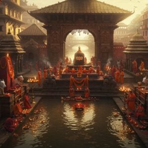 A magnificent aerial view of Pashupatinath Temple complex at golden hour, intricately detailed in Nepalese pagoda architecture style with gold-plated roofs gleaming in sunlight. The sacred Bagmati River flows serenely in front, with ornate stone ghats on both sides. Hindu priests in traditional saffron robes perform evening aarti with brass lamps creating mesmerizing light reflections on the water. Devotees in traditional attire offer red and yellow flowers, while spirals of incense smoke rise gracefully. The four-faced silver lingam of Lord Shiva is visible through the temple entrance, adorned with marigold garlands and vermillion. The scene features detailed Newari wood carvings on temple walls, with sacred bulls (Nandi) in oxidized silver stationed at entrance. Soft ethereal light bathes the scene, with floating diyas on river creating golden sparkles. Art style combines hyperrealistic digital rendering with traditional Paubha painting elements, emphasizing rich colors like deep maroon, gold, and saffron. The atmosphere captures both spiritual serenity and ceremonial grandeur with a modern aesthetic touch.