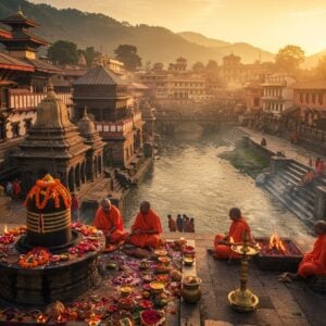 A majestic aerial view of Pashupatinath Temple at golden hour, its pagoda-style architecture with gold-plated roofs gleaming in sunset light. The sacred Bagmati River flows in front, with ornate stone ghats on both sides where devotees perform rituals. In the foreground, a detailed Shiva lingam adorned with flowers, bilva leaves, and vermillion, surrounded by brass oil lamps with golden flames. Holy sadhus with ash-smeared bodies and saffron robes meditate nearby. The scene includes intricate Nepali-style carved wooden struts and windows of the temple, showing traditional craftsmanship. Smoke from ritual fire pits creates a mystical atmosphere, with soft rays of light filtering through. The background shows the temple complex with multiple shrines and traditional architecture against the backdrop of lush green hills. The art style combines hyperrealistic architectural details with ethereal lighting and Madhubani-inspired decorative elements. The color palette features deep maroons, rich golds, saffron oranges, and sacred vermillion reds, creating a sense of divine presence and timeless spirituality.