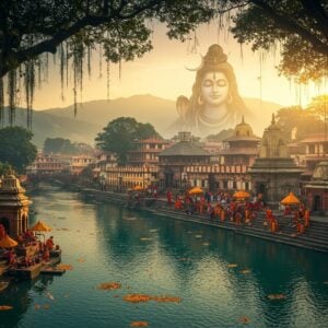 A majestic aerial view of Pashupatinath Temple at dawn, with its golden pagoda-style roofs gleaming in warm sunlight. The sacred Bagmati River flows gracefully below, rendered in deep turquoise and gold, with intricate Madhubani-style waves patterns. Multiple ghats along the riverbank depicted with detailed stone work, where devotees in saffron and white traditional attire perform rituals with brass lamps. Lord Shiva's presence symbolized through a large, ethereal, semi-transparent form rising from the temple, with four faces, matted locks, crescent moon on head, third eye, serpent around neck, and holding a trishul. Smoke from ritual fires creates mystical swirls in the air, intertwining with floating marigold flowers and lotus petals on the river. The scene is framed by ancient banyan trees with hanging roots, and distant Himalayan peaks in soft pastels. The overall composition combines photorealistic architecture with surreal spiritual elements, rendered in a style merging traditional Pattachitra art with modern digital techniques. Lighting emphasizes golden morning rays creating dramatic shadows and highlights on the temple structure.