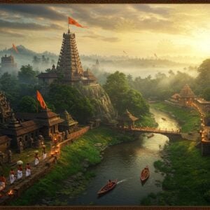 A mystical aerial view of Pathanamthitta's lush green landscape at dawn, with golden sunrays filtering through morning mist. The majestic Sabarimala temple sits atop a hill, rendered in intricate Pattachitra style, with its golden flagstaff gleaming. The sacred Pamba River flows through the scene like a silver ribbon, decorated with traditional Kerala-style oil lamps along its banks. In the foreground, a group of Ayyappa devotees in traditional black attire and irumudi on their heads walk along an ancient stone path. The composition includes detailed Madhubani-style borders featuring coconut palms, elephants, and temple motifs in deep maroon and peacock blue. Ethereal floating lotuses and mandala patterns in soft gold illuminate the sky. The scene captures both the natural and spiritual essence, with ancient stone temples nestled among emerald forests. The lighting is mystical with soft glows around sacred spaces, creating a serene, otherworldly atmosphere. Hyperrealistic digital art style with traditional Kerala architectural elements and spiritual symbols integrated seamlessly.