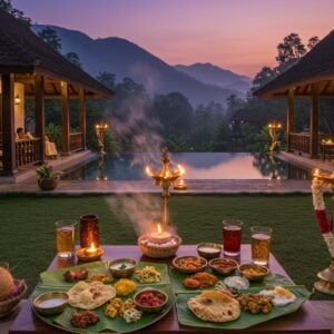 A tranquil evening scene of a luxurious Kerala-style heritage resort nestled among lush green hills of Pathanamthitta, with traditional tiled-roof architecture and wooden pillars, illuminated by warm golden lights. In the foreground, a beautifully arranged traditional Kerala banana leaf feast (sadhya) with 15-20 colorful dishes on a polished wooden table. Steam rising artistically from the dishes, creating a dreamy atmosphere. The background showcases a modern infinity pool reflecting the purple-orange sunset sky, seamlessly blending with the misty mountains. Traditional brass oil lamps (nilavilakku) line the resort's verandah, their flames creating a magical glow. A few elegant Indian guests in modern resort wear relaxing on plush seating. Decorative elements include banana plants, tender coconut arrangements, and fresh jasmine garlands. The scene combines modern luxury with traditional Kerala architecture, rendered in a photorealistic style with soft, ethereal lighting and rich, deep colors typical of high-end travel photography.