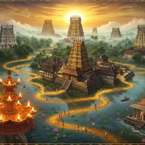 A majestic aerial view of Sabarimala temple nestled in emerald-green Western Ghats, with golden temple spires emerging through misty clouds. In the foreground, a stylized Kerala-style wooden mandapa with intricate traditional carvings floats ethereally, decorated with oil lamps and marigold garlands. The scene transitions into a dreamy watercolor fusion showing the Pampa River flowing serenely with scattered lotus flowers. Multiple golden paths spiral through the composition, connecting various iconic temples of Pathanamthitta - including Aranmula Parthasarathy Temple with its famous metal mirror motif. The lighting combines warm golden sunbeams with cool morning mist, creating a mystical atmosphere. Small groups of pilgrims in traditional black attire can be seen walking the paths. Art style merges hyperrealistic architectural details with ethereal Madhubani-inspired patterns in the sky, featuring peacock blues and deep maroons. Sacred elephants adorned with golden nettipattam stand majestically near temple entrances. The overall composition flows in a circular mandala pattern, with intricate Kerala mural art borders featuring traditional motifs in gold and saffron.