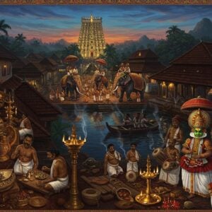A grand aerial view of Pathanamthitta temple town at dusk, with the sacred Sabarimala temple illuminated on distant hills. In the foreground, a detailed scene of traditional Kerala craftsmen creating intricate Aranmula Kannadi (metal mirrors), their workspace adorned with oil lamps. To the right, a group of Kathakali performers in elaborate costumes and makeup prepare for a performance, their green and red facial designs vivid and detailed. The middle ground features a vibrant Pooram festival procession with decorated elephants carrying golden umbrellas (muthukuda), complete with traditional Kerala percussion artists playing chenda and edakka. The scene is bathed in warm golden light with traces of deep blue twilight sky. Ethereal streams of incense smoke curl through the air, creating mystical patterns. Traditional Kerala architecture with sloped terracotta roofs and wooden carvings frame the scene. The art style combines hyperrealistic details with magical realism, featuring rich jewel tones of deep maroon, forest green, and lustrous gold, with intricate Madhubani-inspired patterns in the borders and decorative elements.