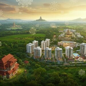 A grand aerial view of Pathanamthitta's lush landscape with modern residential buildings seamlessly integrated into the verdant hills, rendered in rich Madhubani-inspired art style. In the foreground, a stylized traditional Kerala-style nalukettu mansion transitions into contemporary glass-and-steel apartments, creating a visual timeline. The scene features golden-hour lighting with deep emerald greens of rubber plantations and coconut groves. Sacred Sabarimala temple silhouette visible in the distant mountains, with detailed Pattachitra-style decorative patterns in the sky. Modern infrastructure elements like roads and bridges weave through the composition like golden threads. Floating lotus flowers and mandalas in soft pastels (rose gold, mint green, and azure) represent growth and prosperity. The scene includes small vignettes of modern amenities - a shopping complex, educational institutions, and healthcare facilities, all rendered in a harmonious blend of traditional Indian art and contemporary digital aesthetics. The overall composition suggests both spiritual connection and modern progress, with careful attention to Kerala's architectural heritage.