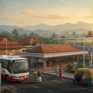 A modern transportation hub in Pathanamthitta, Kerala, featuring a stylized fusion of traditional Kerala architecture with contemporary design. In the foreground, a sleek electric KSRTC bus in red and white livery glides past an ornate bus terminal decorated with traditional Kerala mural art patterns in gold and deep maroon. The middle ground shows a modern railway station with glass and steel architecture, while maintaining Kerala-style sloped roofs with terracotta tiles. Traditional auto-rickshaws decorated with intricate Madhubani-inspired patterns in peacock blue and gold wait in a designated area. The scene is set during golden hour, with warm sunlight casting long shadows. Floating lotus motifs and mandala patterns in subtle pastel hues enhance the composition. The background features the distinctive Western Ghats mountains in a dreamy, ethereal style with misty peaks. Modern electric charging stations with solar panels blend seamlessly with traditional lamp posts. Indian travelers in both modern and traditional attire move through the scene, creating a dynamic flow. The overall color palette combines deep greens, rich golds, and warm earth tones with modern metallic accents.