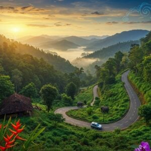 A captivating aerial perspective of a winding mountain road through dense emerald-green Kerala forests, transitioning from Pathanamthitta's lowlands to Gavi's misty peaks. The scene features a modern silver SUV navigating the serpentine route, with golden morning sunlight filtering through tall teak and rosewood trees. Periyar lake glistens in the distance with a soft ethereal glow. Wild elephants graze peacefully in a distant clearing, while lion-tailed macaques swing through nearby branches. Traditional Kerala-style wooden houses with sloped terracotta roofs dot the lower valley. The foreground showcases vibrant red and orange heliconia flowers and purple orchids in Madhubani art style. Mist curls artistically around the mountain peaks in a surreal, dreamy pattern inspired by Pattachitra waves. The sky features a gradient from deep peacock blue to soft golden, with stylized clouds in traditional Indian motifs. The overall scene combines photorealistic landscape photography with ethereal Indian art elements, creating a sense of adventure and serenity.