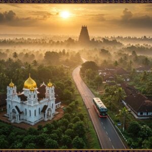 A photorealistic aerial view of a winding road cutting through lush Kerala landscape, connecting two traditional Kerala-style temple towns. In the foreground, a pristine white Orthodox church with golden domes representing Thiruvalla, while in the distance, the iconic Sabarimala temple silhouette sits atop misty hills. The road is adorned with coconut palms and rubber plantations on either side, with small traditional Kerala houses with terracotta-tiled roofs scattered throughout. A modern electric bus in KSRTC's distinctive red and yellow colors navigates the route. The scene is captured during golden hour, with warm sunlight filtering through morning mist, creating a ethereal atmosphere. Traditional Madhubani-style border patterns in gold and deep blue frame the scene, featuring intricate Kerala motifs of elephants and banana leaves. The lighting is dramatic with sun rays piercing through monsoon clouds, creating a dynamic interplay of light and shadow across the landscape.