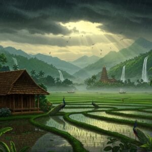 A serene landscape of Pathanamthitta's lush green Western Ghats during monsoon season, with sacred Sabarimala temple visible in the misty background. In the foreground, a traditional Kerala-style wooden house with sloped tiled roof reflects in a rain-filled paddy field. Dark monsoon clouds hover above, with golden sunlight breaking through, creating dramatic god rays. Two peacocks dance in the rain near blooming Neelakurinji flowers. The scene features multiple layers of mountains in various shades of green, with silver waterfalls cascading down. Small boats navigate through the river channels. The art style combines traditional Pattachitra techniques with modern digital art, using deep emerald greens, royal blues, and gold accents. Ethereal mist particles and rain drops create a magical atmosphere. The lighting is dramatic with morning golden hour glow contrasting with dark storm clouds. Banana and coconut trees sway in the wind, their leaves detailed in gold-accented linework.