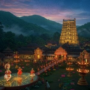 A majestic aerial view of Pathanamthitta's Sabarimala temple complex nestled in emerald green Western Ghats, rendered in a fusion of Madhubani and digital art style. The golden temple spires emit a soft ethereal glow against a twilight sky filled with intricate mandala patterns in deep blues and purples. In the foreground, traditional Kathakali dancers in vibrant costumes perform on a modern glass stage reflecting golden lights. The scene features delicate details of Kerala architecture, with copper-roofed structures and ornate wooden carvings. Floating lotus flowers and oil lamps create a magical pathway leading to the temple. Modern LED installations blend seamlessly with traditional bronze temple lamps, creating a harmonious bridge between past and present. The color palette combines deep forest greens, royal golds, and rich maroons with contemporary neon accents. Soft mist surrounds the mountains, while detailed Aranmula Kannadi (metal mirrors) reflect mystical light patterns. The entire scene is rendered in ultra-detailed, cinematic quality with atmospheric lighting and depth of field effects.