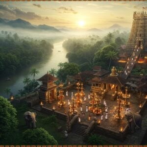 A majestic aerial view of Pathanamthitta's lush green landscape at golden hour, with the sacred Pamba River flowing like a silver ribbon through dense forests. In the foreground, an intricately detailed stone temple complex in traditional Kerala architecture style, with gold-plated gopurams gleaming in sunlight. The temple courtyard shows devotees in traditional Kerala attire (men in white mundus, women in cream kasavu sarees) performing rituals. Multiple tiers of oil lamps illuminate the scene with warm, golden light. The background features misty mountains with ancient stone steps leading upward, symbolizing the Sabarimala pilgrimage path. Ethereal rays of light filter through morning clouds, creating a divine atmosphere. Sacred elephants adorned with traditional Kerala temple decorations stand majestically near the temple entrance. The scene incorporates Madhubani-style decorative elements in the borders, featuring traditional Kerala motifs like coconut palms and banana leaves. The color palette combines deep greens, rich golds, and warm earth tones, with hints of vermillion and saffron. The lighting creates a mystical, spiritual ambiance with soft glowing highlights and deep, rich shadows. Hyperrealistic digital art style with photographic details, rendered in 8K resolution.