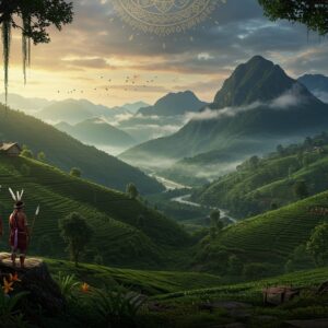 A majestic vista of the Patkai mountain range at dawn, with dramatic peaks shrouded in misty clouds, rendered in deep emerald greens and rich earth tones. Ancient tea plantations cascade down the mountainsides in geometric patterns. Traditional Naga tribal homes with distinctive wooden architecture and intricate carvings perch on the hillsides. In the foreground, two Naga warriors in traditional attire with distinctive red and black woven shawls and feathered headdresses stand on a rocky outcrop, gazing across the valley. The scene is framed by ancient banyan trees with hanging roots, while rare Asiatic black orchids bloom in the foreground. A distant river snakes through the valley, gleaming like silver in the morning light. The art style combines photorealistic landscape details with stylized Naga tribal art patterns in the sky, featuring geometric designs in gold and deep indigo. Ethereal rays of sunlight pierce through the clouds, creating a mystical atmosphere. The scene includes subtle hints of historical trade routes with small caravans visible in the distant mountain passes. Hyperrealistic digital art with atmospheric lighting and cinematic composition.