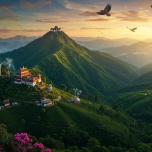A majestic aerial view of the Patkai mountain range at sunrise, rendered in rich traditional Indian art style with modern digital aesthetics. The mountains appear in deep emerald greens and mystical blues, with golden sunlight filtering through morning mist. Traditional Naga tribal elements and patterns are woven into the mountain ridges. A detailed monastery perches on one peak, with prayer flags fluttering in the wind. The foreground shows vibrant rhododendrons and orchids native to the region, while the background reveals tea plantations cascading down the slopes. Modern sustainable development elements blend seamlessly with the natural landscape - small eco-lodges and renewable energy installations depicted in gold and copper tones. Flying eagles soar through clouds that take forms of traditional Naga motifs. The scene is illuminated with a mix of natural sunlight and ethereal golden glow, creating a mystical atmosphere. The art style combines hyperrealistic landscape photography with Madhubani-inspired patterns in the sky and clouds, highlighted with metallic gold and deep peacock blue accents.
