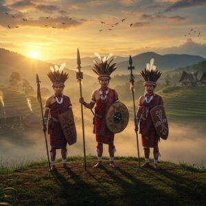 A majestic sunset scene in the Naga Hills with three traditional Naga warriors in ceremonial attire standing proudly on a misty mountain ridge, wearing distinctive red-and-black hornbill feather headdresses, intricate beaded necklaces, and traditional woven shawls with tribal patterns. They hold ornate spears with brass decorations and wooden shields adorned with symbolic motifs. The background features traditional Naga morung (community houses) with carved wooden posts and thatched roofs, nestled among terraced hills. Ethereal mist swirls around the scene, with golden sunlight filtering through towering bamboo groves. The color palette combines deep forest greens, earthy browns, and vibrant reds of traditional Naga textiles. Delicate details include smoke rising from morung fireplaces, prayer flags fluttering in the wind, and distant mountain peaks shrouded in clouds. The art style merges hyperrealistic digital painting with traditional Indian artistic elements, creating a mystical, dreamlike quality while maintaining cultural authenticity. The lighting is dramatic with golden hour warmth, creating long shadows and highlighting the warriors' traditional jewelry and weapons.