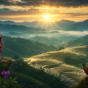 A panoramic view of the majestic Patkai hills at sunrise, with misty peaks in deep emerald greens and blues stretching into the distance. In the foreground, a traditionally dressed Naga woman in vibrant red and black tribal attire with intricate beadwork stands on a cliff edge, her silhouette dramatic against the rising sun. She wears authentic Naga jewelry and headgear adorned with hornbill feathers. The scene features terraced rice fields cascading down the hillsides, rendered in soft gold and gentle green hues. Delicate orchids in purple and white bloom in the foreground, while a rare Blyth's tragopan bird with its distinctive red and gold plumage perches nearby. The lighting is ethereal, with golden sun rays piercing through morning mist, creating a dreamlike atmosphere. The art style combines traditional Naga motifs with modern digital art techniques, featuring intricate patterns in the clouds and vegetation. The color palette includes deep forest greens, misty blues, earth browns, and touches of gold and crimson. The scene is rendered in a hyper-realistic style with magical realism elements, emphasizing the mystical quality of the landscape.