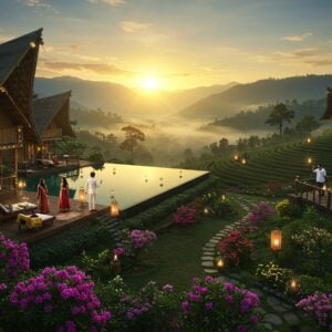 A luxurious mountain resort nestled in the misty Patkai hills of Northeast India, with traditional Assamese architecture featuring sloping bamboo roofs and intricate wood carvings. The resort's infinity pool reflects the golden sunrise, merging with the distant mountain ranges. In the foreground, a serene garden showcases blooming orchids and rhododendrons in soft pink and purple hues. Two elegantly dressed Indian couples in modern resort wear explore the property, one couple enjoying a traditional Assamese tea ceremony on a wooden deck, while another couple photographs the panoramic valley view. Floating lanterns and fairy lights add a magical glow to the scene. The landscape features terraced tea gardens in emerald green, with morning mist creating an ethereal atmosphere. The art style combines modern digital precision with traditional Assamese motifs in the architectural details, rendered in a rich color palette of deep greens, earth tones, and gold accents. The lighting captures the warm, golden hour glow, creating a dreamy, inviting atmosphere.