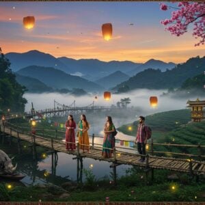 A breathtaking panoramic view of the Seven Sisters states, featuring mist-covered emerald mountains of Arunachal Pradesh merging with crystal-clear lakes in the foreground. A traditional Assamese bamboo bridge spans across, adorned with colorful prayer flags fluttering in the wind. In the middle ground, three young Indian travelers (two women in modern ethnic fusion wear and one man in contemporary clothing) stand on the bridge, their expressions filled with wonder. The scene includes iconic elements: a one-horned rhinoceros grazing near a tea garden, the living root bridges of Meghalaya wrapped in morning fog, and Buddhist prayer wheels with soft golden light emanating from them. The sky features a gradient of dawn colors - deep indigo transitioning to soft orange and pink. Traditional Naga motifs and patterns frame the composition like an intricate border. The art style combines hyperrealistic digital rendering with ethereal lighting and Madhubani-inspired decorative elements. Floating lanterns and fireflies add magical sparkle to the scene, while cherry blossoms from Shillong scatter in the breeze. The overall mood is mysterious yet inviting, blending adventure with spiritual tranquility.