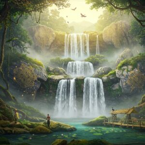 A majestic multi-tiered waterfall cascading down ancient rock formations amid lush Northeastern Indian rainforest, with mist creating ethereal rainbow effects in the golden morning light. The waterfall is flanked by massive moss-covered boulders adorned with intricate Madhubani-style patterns in gold and deep blue. Indigenous Naga tribal motifs are subtly woven into the surrounding vegetation. The scene features exotic birds like Great Indian Hornbills in flight, their wings catching sunlight. The foreground shows crystal-clear emerald pools with scattered lotus flowers and traditional bamboo bridges. Towering ancient trees with twisted vines frame the composition, their leaves rendered in rich peacock blues and forest greens. The overall atmosphere is mystical with swirling mists, floating light orbs, and delicate floating water droplets catching golden sunlight. Hyper-realistic digital art style with surreal lighting effects and rich, saturated colors. The scene captures both raw natural power and serene spirituality.