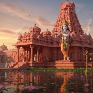 A majestic ancient South Indian temple with coral-pink granite architecture rising against a mystical dawn sky, featuring intricate Dravidian gopuram adorned with detailed sculptures. The main sanctum radiates a soft, supernatural golden glow, with Lord Krishna in His iconic Pavalavannam form standing in tribhanga pose, skin tone of coral-pink, wearing a rich golden pitambara, elaborate crown studded with precious gems, and holding a sacred flute. The foreground showcases a beautiful temple pond with floating lotus flowers, their petals catching the morning light. Devotees in traditional attire circumambulate the temple, creating ethereal reflections in the water. Ornate mandala patterns and traditional kolam designs decorate the temple courtyard, while sacred tulsi plants and temple bells frame the scene. The atmosphere is enhanced by swirling patterns of divine incense smoke and scattered flower petals. Art style combines hyperrealistic digital rendering with traditional Indian Thanjavur painting elements, emphasizing golden highlights, deep jewel tones, and spiritual symbolism. The lighting creates a dramatic interplay of coral pink and golden hues, suggesting divine presence.