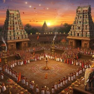 A majestic aerial view of Pavalavannam Temple during festival time, illuminated by hundreds of traditional brass oil lamps and modern spotlights creating a golden glow. The temple's traditional Dravidian architecture features intricate stone carvings and towering gopurams decorated with colorful flags and banana leaves. In the foreground, a grand procession of devotees in traditional South Indian attire (men in white and gold dhotis, women in silk sarees) carrying ceremonial parasols and temple flags. The temple elephant, adorned with ornate decorations and bells, leads the procession. Multiple layers of detailed Kolam patterns made with rice flour and flowers create intricate mandalas on the temple courtyard. The scene includes priests performing aarthi with large golden lamps, smoke from yajna fires rising in spirals, and devotees dancing to the rhythm of traditional instruments like nadaswaram and thavil. The sky features a magical sunset in shades of deep orange and purple, with floating lotus petals and sparkles of divine light. Art style combines hyperrealistic digital rendering with traditional Tanjore painting elements, emphasizing gold leaf effects and jewel-tone colors. The atmosphere captures both the grandeur of ancient traditions and contemporary celebration.
