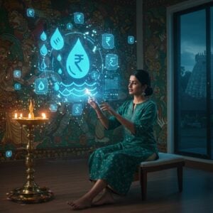 An elegant Indian woman in a contemporary silk kurta, sitting in a modern minimalist room with traditional Kerala mural art on walls, interacting with a floating holographic interface glowing in soft blue. The interface shows simplified icons of water droplets and lightning bolts rendered in traditional Malayali art style. Around her, ethereal mandalas made of circuit board patterns pulse with golden light. The room features a brass Kerala-style nilavilakku (traditional lamp) emitting a warm glow, contrasting with modern smart home devices. Floating payment animations with rupee symbols transform into digital particles. Thrissur Vadakkumnathan temple silhouette visible through a smart window in background. Art style merges hyperrealistic digital rendering with traditional Kerala art elements, emphasizing deep blues, warm golds, and peaceful greens. Soft ambient lighting creates a serene atmosphere with subtle lens flares and particle effects. The scene should convey both technological advancement and cultural rootedness.