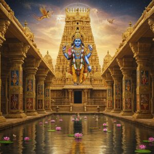 A majestic Vishnu temple in South Indian Dravidian architecture style, with tall golden vimanams adorned with intricate sculptures. Lord Vishnu stands in the center, depicted with four arms - holding Sankha (conch) in upper left, Chakra (discus) in upper right, Gadha (mace) in lower right, and a blooming lotus in lower left. His skin is deep blue, wearing pitambara (yellow dhoti) and elaborate gold crown with precious gems. The temple features ornate mandapams with carved pillars showing scenes from Vishnu Puranas in Madhubani art style. Ethereal light streams through the pillars, creating a divine atmosphere. In the foreground, a sacred pushkarini (temple tank) reflects the temple structure, with floating lotus flowers and subtle ripples. The sky shows a cosmic scene with Vaikuntha in the background, featuring Garuda flying, and Ananta Sesha forming a protective canopy. Digital art style merging traditional temple architecture with modern fantasy elements, rich colors of gold, deep blue, and saffron, with soft glowing highlights and intricate details. Photorealistic texturing on the temple structure with ethereal lighting effects.