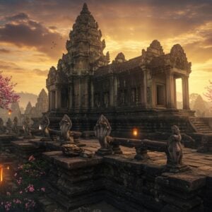 A majestic ancient Khmer temple complex atop a dormant volcano, illuminated by golden sunrise rays piercing through misty clouds, showcasing intricate sandstone architecture with detailed carvings of Hindu deities. The main prang tower dominates the scene, featuring authentic 12th-century Khmer architectural style with stepped tiers and lotus-bud spires. In the foreground, stone naga serpents line the ceremonial walkway, their scales detailed in weathered sandstone. The composition includes blooming frangipani trees with soft pink flowers, creating a dreamy atmosphere. Traditional Thai-style lanterns float in the foreground, emitting a warm ethereal glow. The scene is rendered in a combination of photorealistic and surreal styles, with rich honey-gold tones of sunrise mixing with deep maroons and celestial blues. Mystical light beams filter through the ancient doorways, while delicate morning mist swirls around the temple's base. The architectural details should be historically accurate, featuring authentic Khmer motifs and decorative elements, all rendered in a cinematic, high-quality digital art style with atmospheric lighting and depth.