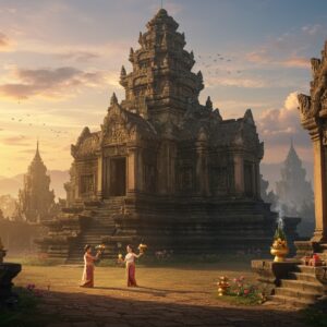 A majestic ancient Khmer temple complex perched atop an extinct volcano, illuminated by golden sunrise light, with intricate sandstone carvings and elaborate Hindu motifs. The main prang tower rises dramatically against a misty tropical sky filled with soft pink and orange clouds. The temple features detailed Khmer architecture with multiple levels, naga bridges, and carved lintels depicting scenes from Hindu mythology. In the foreground, two Thai women in traditional silk sabai dress perform a graceful ritual dance with golden offerings. The surrounding landscape shows lush tropical vegetation, with frangipani trees in bloom. The scene is enhanced with ethereal lighting effects, creating a mystical atmosphere with sun rays filtering through the ancient doorways. The art style combines hyperrealistic architectural details with dreamlike lighting and soft, atmospheric effects. The color palette features warm sandstone browns, deep oranges, gold accents, and misty blues. Small details include burning incense, floating lotus petals, and traditional Thai temple offerings arranged at the entrance.