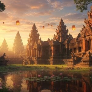 A majestic ancient Khmer temple complex bathed in golden sunrise light, perched dramatically on an extinct volcano, with intricate sandstone carvings and detailed Hindu motifs in rich terracotta colors. The main prangs rise majestically against a mystical dawn sky filled with soft pink and orange clouds. In the foreground, a serene lotus pond reflects the temple's silhouette, surrounded by blooming frangipani trees. The scene features subtle light rays breaking through the temple doorways, creating a divine atmosphere. The architectural details show precise Khmer-style ornamentations, with naga serpents, devatas, and intricate lotus motifs carved into the stone. The composition includes floating lanterns and incense smoke adding ethereal elements, while morning mist partially shrouds the temple base. The lighting emphasizes the red-orange sandstone's natural beauty, with dramatic shadows highlighting the temple's architectural features. Art style combines photorealistic architecture with ethereal, dreamlike elements, rendered in a cinematic style with rich, warm tones and atmospheric depth.