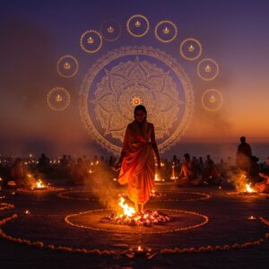 A serene Indian woman in flowing white and saffron robes walking confidently across glowing red-hot coals, her feet leaving behind golden lotus footprints. The coals emit an ethereal orange glow, with sparks rising like fireflies. Behind her, a large intricate Madhubani-style mandala radiates energy in shades of gold and deep blue. The scene is set in twilight with a gradient sky from deep purple to orange. Multiple circular halos of light surround her figure, creating a divine aura. In the background, other participants await their turn, their silhouettes backlit by ceremonial fires. Floating diyas and marigold petals frame the scene. The art style combines photorealistic elements with traditional Indian patterns, featuring rich textures and a mystical atmosphere. Soft smoke tendrils curl upward, forming sacred geometric patterns in the air. The lighting emphasizes the contrast between the fire's warmth and the cool surrounding night.