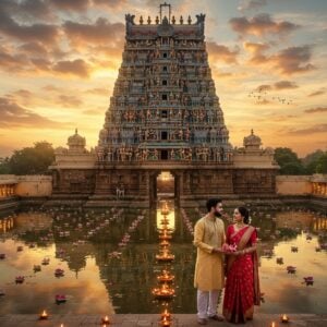 A majestic aerial view of the Meenakshi Amman Temple during golden hour, with its iconic gopurams adorned with thousands of intricately carved, colorful sculptures of deities, warriors, and mythological creatures. The main gopuram rises dramatically against a surreal twilight sky filled with soft pink and orange clouds. In the foreground, a young modern Indian couple in contemporary ethnic wear (man in crisp kurta, woman in designer salwar) holding lotus flowers, looking up in awe. The temple pond reflects the golden light, creating mirror-like symmetry. Floating diyas and lotus flowers dot the water's surface, creating trails of light. Contemporary elements like subtle LED lighting illuminate the temple architecture, while maintaining its ancient grandeur. The scene is surrounded by stylized mandala patterns in gold and peacock blue, merging traditional Madhubani art elements with modern digital aesthetics. Ethereal light rays pierce through the clouds, creating a divine atmosphere. The temple's stone walls show intricate carvings in hyperrealistic detail, with a soft focus on the thousand-pillared hall visible through the entrance. The overall composition balances ancient architectural magnificence with modern photographic techniques, creating a cinematic and immersive perspective.