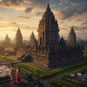A majestic aerial view of Prambanan Temple complex during golden hour, with the main 47-meter tall central spire casting long shadows across the courtyard. The temple's intricate Hindu architecture features ornate carvings and reliefs in rich terracotta stone, with precise geometric patterns. In the foreground, a young Indian couple in modest, contemporary resort wear (the woman in a flowing knee-length dress and light scarf, the man in linen pants and shirt) admire the temple. Traditional Javanese umbrellas in deep purple and gold stand nearby. Soft, ethereal lighting bathes the scene, with golden sun rays filtering through scattered clouds. Delicate lotus flowers float in a reflecting pool, mirroring the temple's spires. The background shows smaller temples in perfect symmetrical alignment, surrounded by manicured gardens with frangipani trees in bloom. Art style combines hyperrealistic architectural details with dreamy, atmospheric lighting, rendered in rich, warm tones of gold, terracotta, and deep blues of approaching dusk. The scene should feel both grand and inviting, with magical realism touches like glowing mandalas in the sky and subtle spiritual symbols integrated into the temple's architecture.