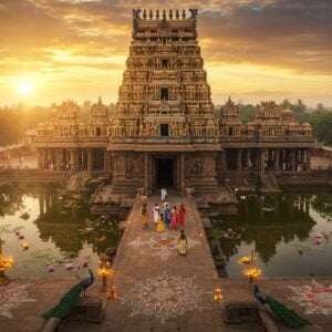 A majestic aerial view of Sowmya Narayana Perumal Temple during sunrise, with golden rays illuminating its ornate Dravidian architecture gopuram decorated with intricate sculptures. The main shrine features Lord Vishnu in his peaceful form, with four arms holding Sankha, Chakra, Gadha, and Padma, adorned in rich gold and green silk vastrams. The temple pond reflects the structure like a mirror, with pink lotus flowers floating on its surface. Traditional kolam patterns in white and deep red decorate the foreground. Devotees in contemporary Indian attire walking through the temple premises, creating a blend of ancient and modern. The scene is enhanced with ethereal mist and soft golden particles floating in the air. Divine peacocks roam the temple grounds. Mandala patterns and sacred symbols float subtly in the atmosphere. Art style combines hyperrealistic architectural details with mystical Indian art elements, using a color palette of deep golds, saffron, maroon, and peaceful blue tones. The lighting creates a serene, spiritual atmosphere with god rays filtering through temple pillars.